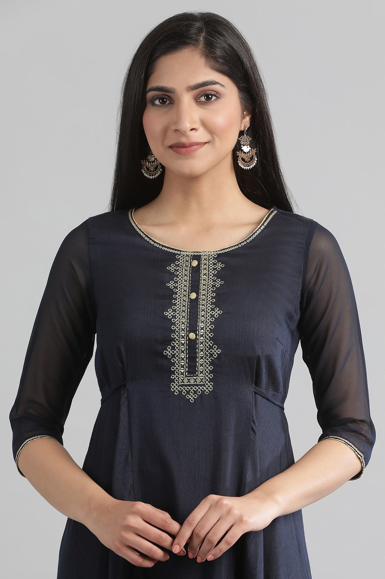 Blue Yarn-dyed Round Neck kurta