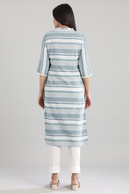 Blue Yarn-dyed Round Neck kurta