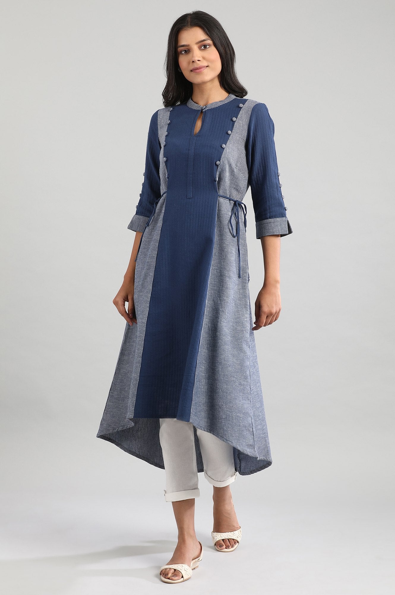 Navy Mandarin Neck Yarn-Dyed kurta