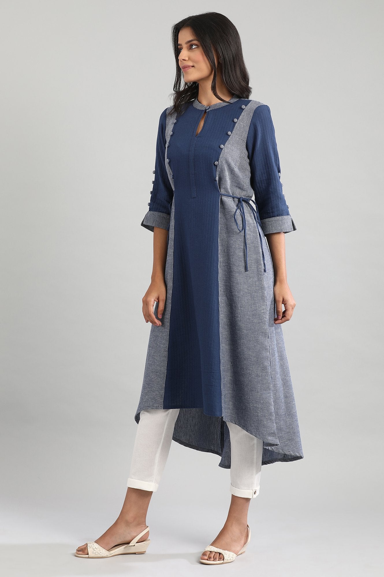 Navy Mandarin Neck Yarn-Dyed kurta