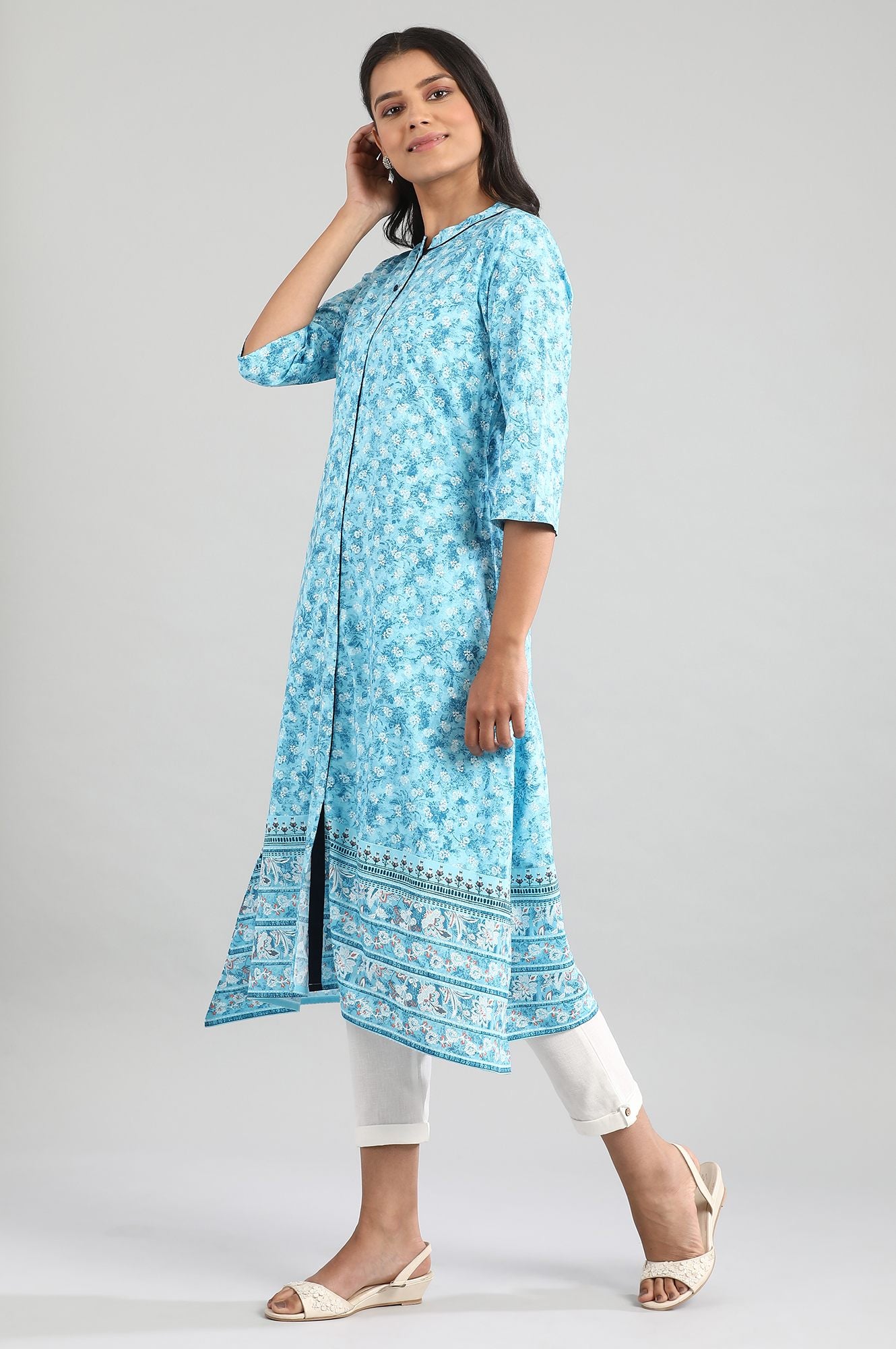 Blue Mandarin Neck Floral kurta