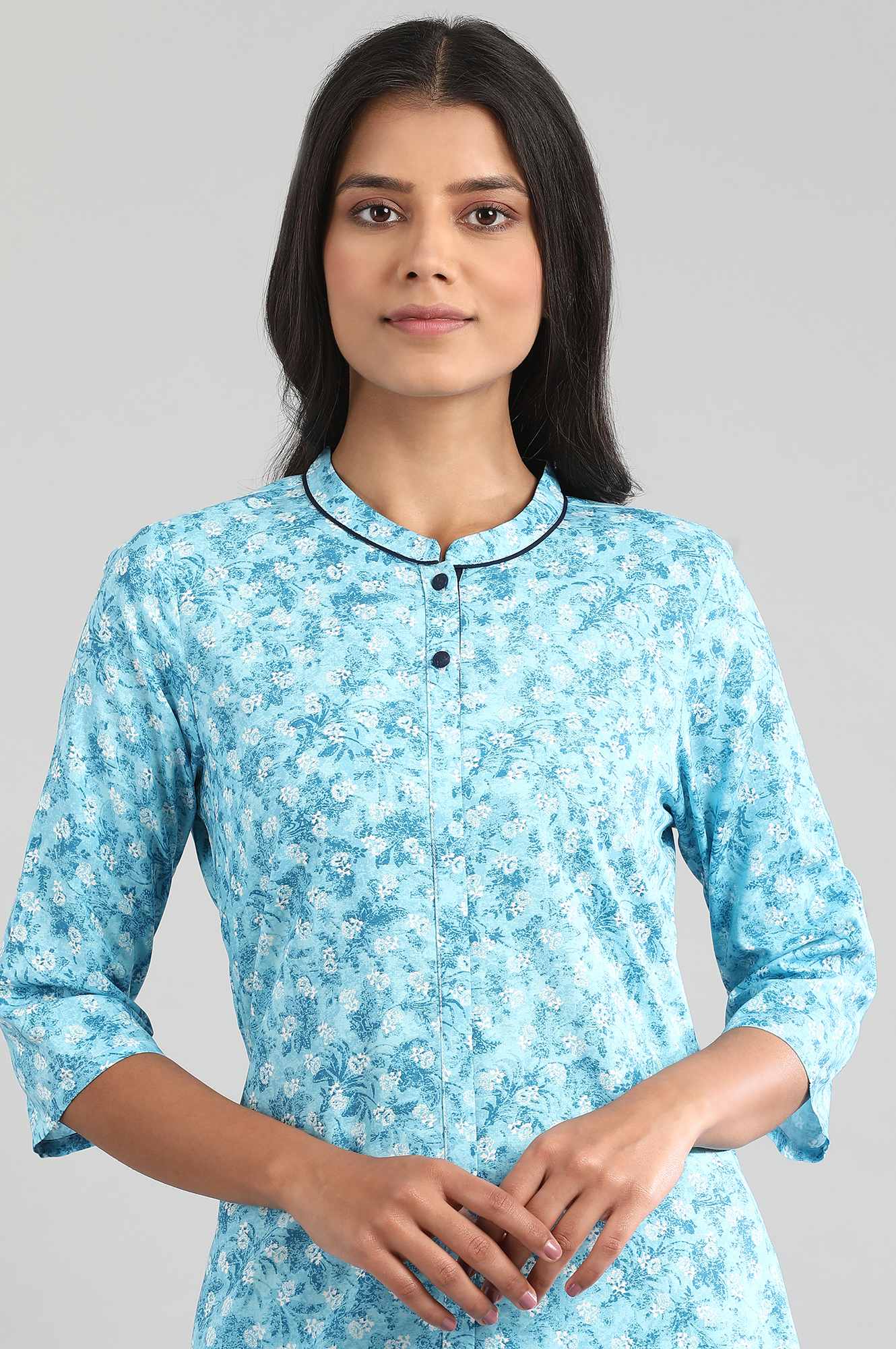 Blue Mandarin Neck Floral kurta