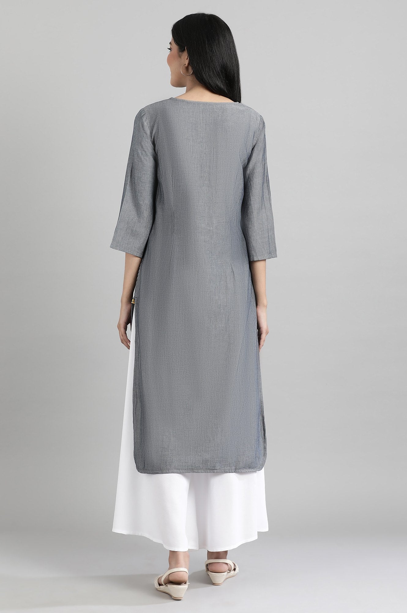 Blue V- Neck Yarn-Dyed kurta