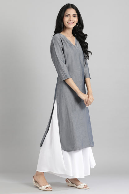 Blue V- Neck Yarn-Dyed kurta