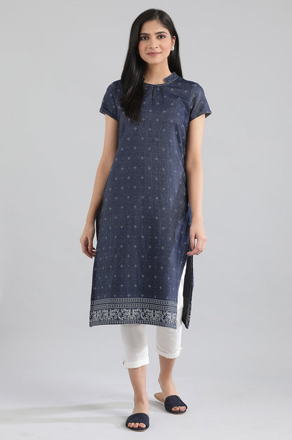 Navy Mandarin Neck Solid kurta