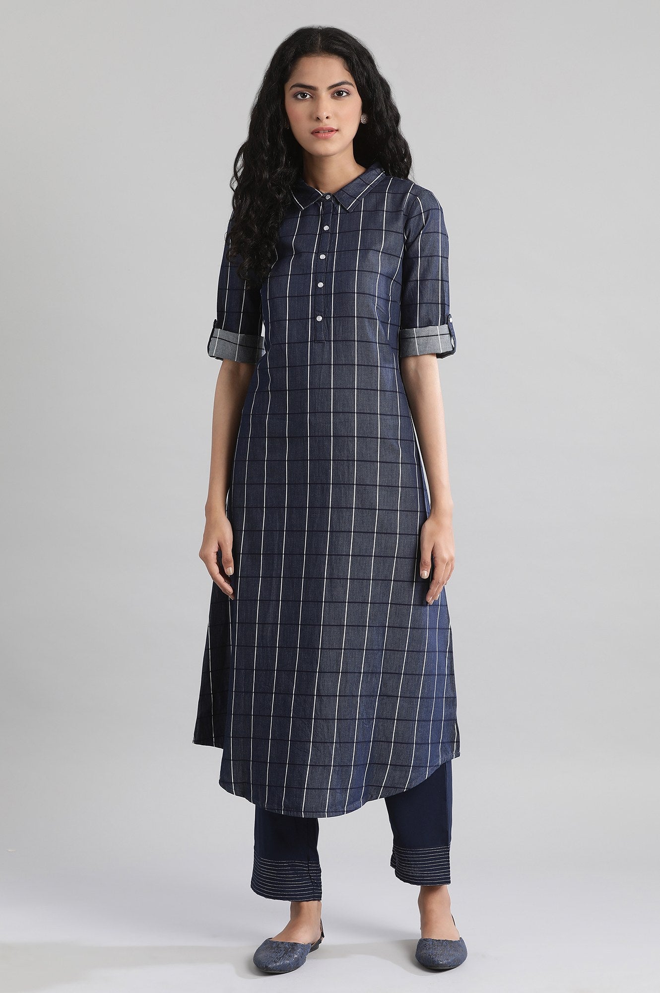 Navy Collar Neck yarn-Dyed Dress