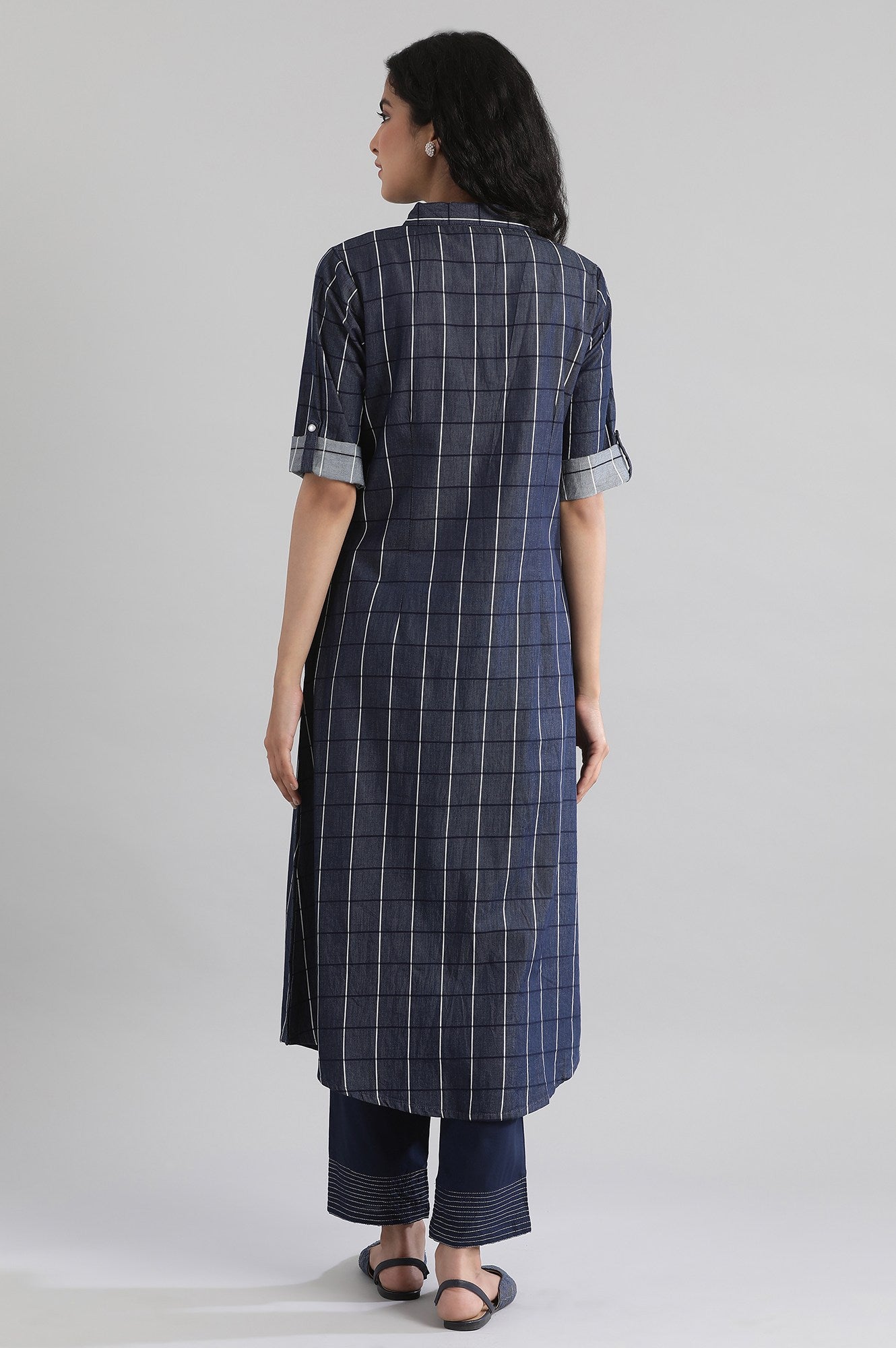 Navy Collar Neck yarn-Dyed Dress