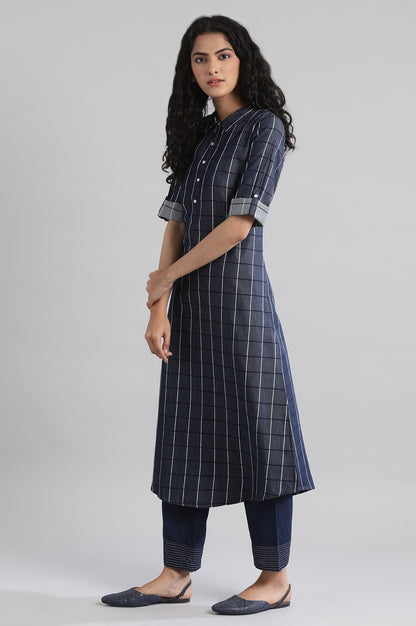 Navy Collar Neck yarn-Dyed Dress