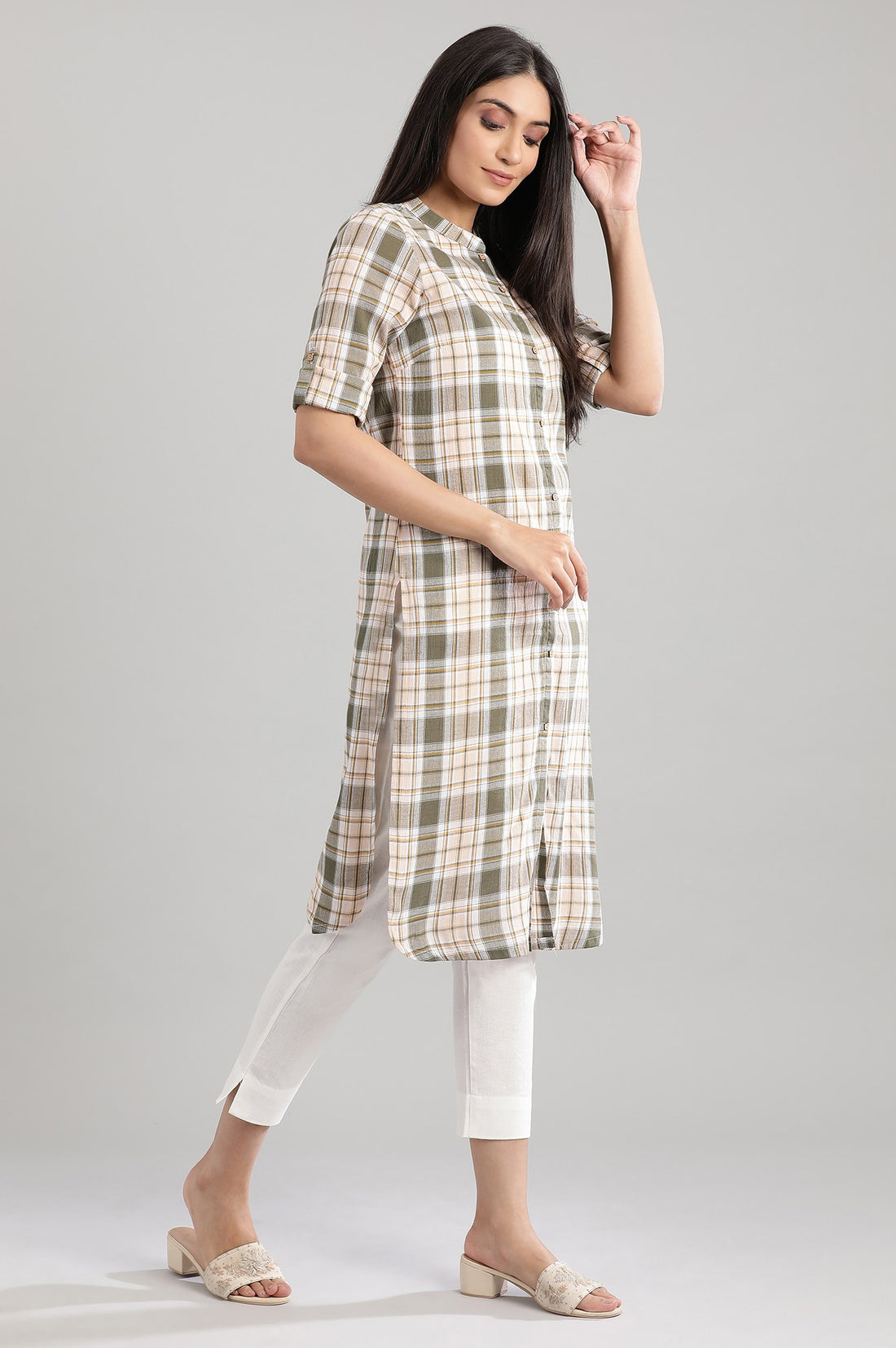 Olive Green Collar Neck Yarn-Dyed kurta