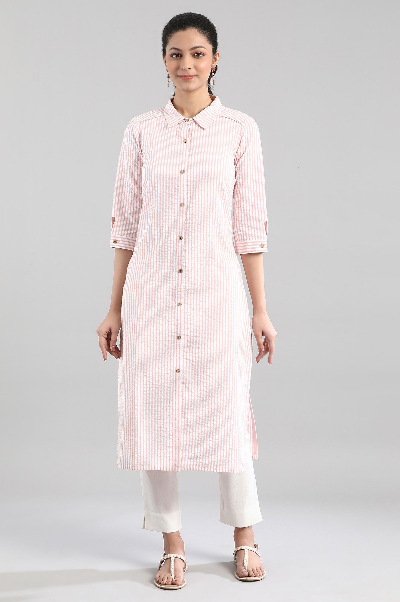 White and Peach Stripe Print kurta