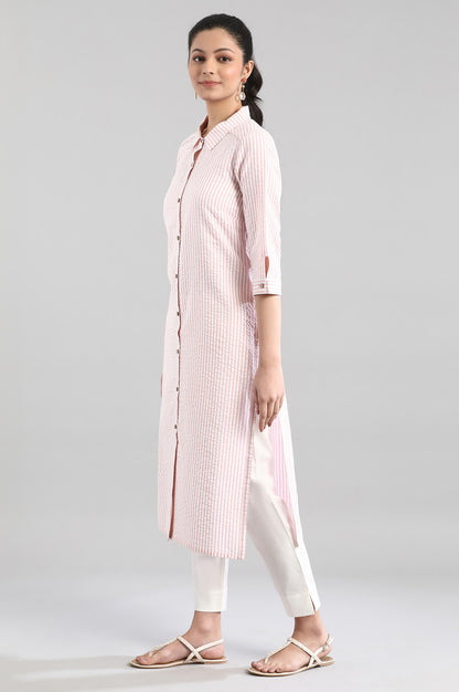 White and Peach Stripe Print kurta