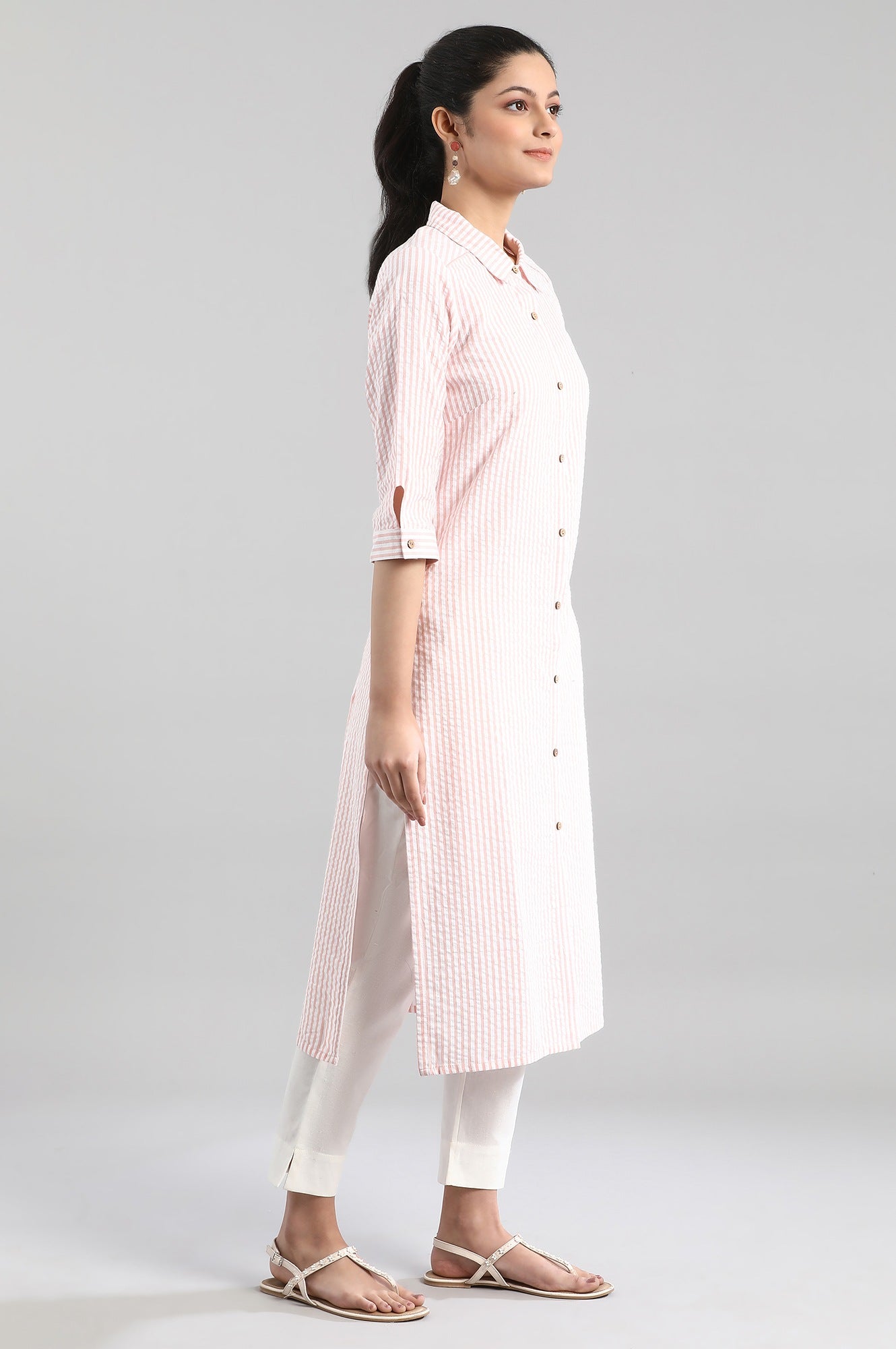 White and Peach Stripe Print kurta