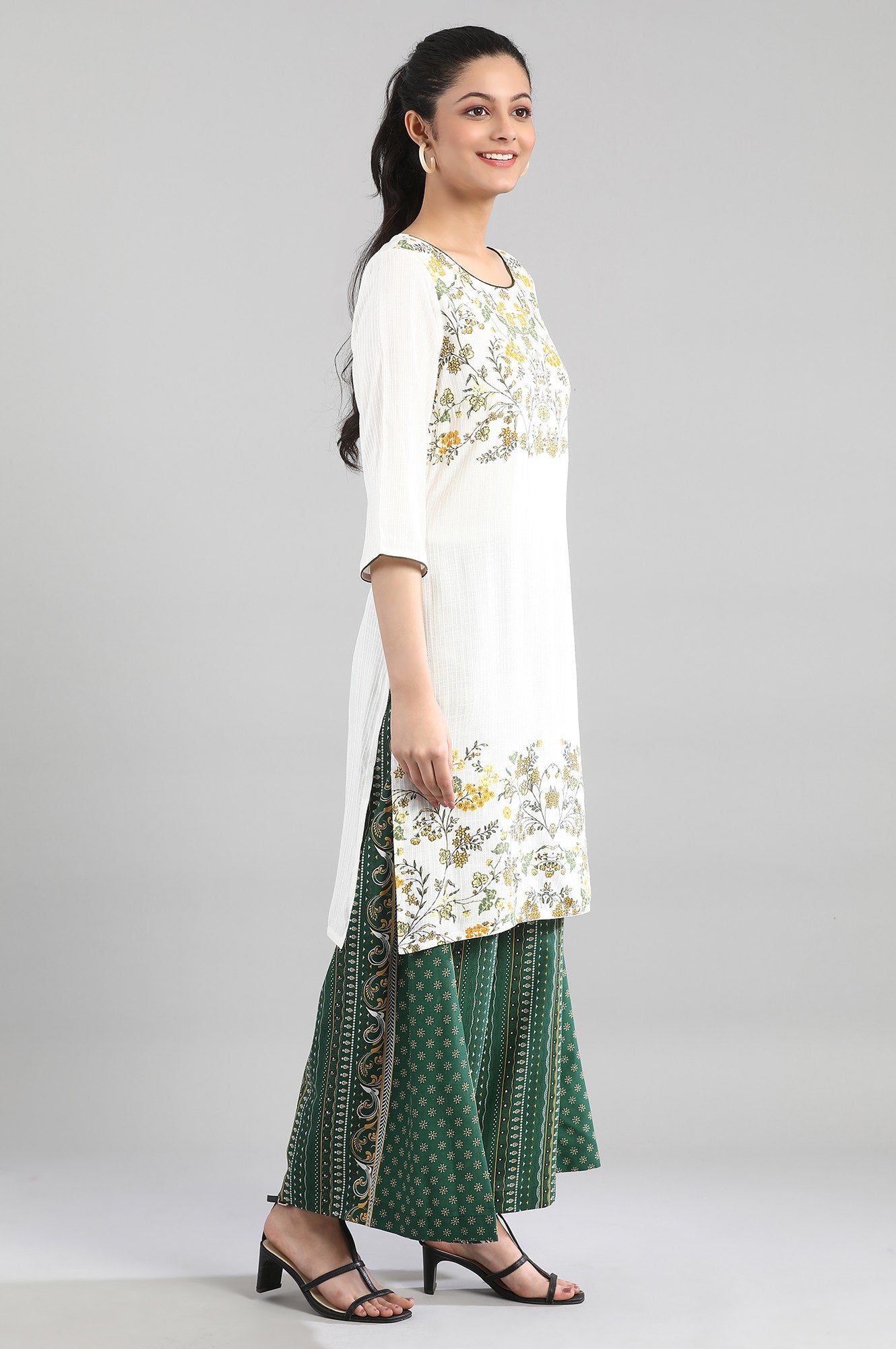 White kurta with Print on Yoke and Hem