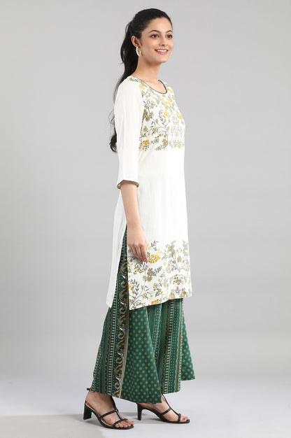 White kurta with Print on Yoke and Hem