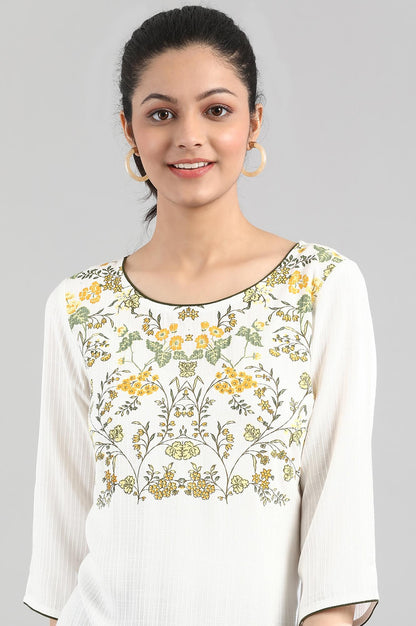 White kurta with Print on Yoke and Hem