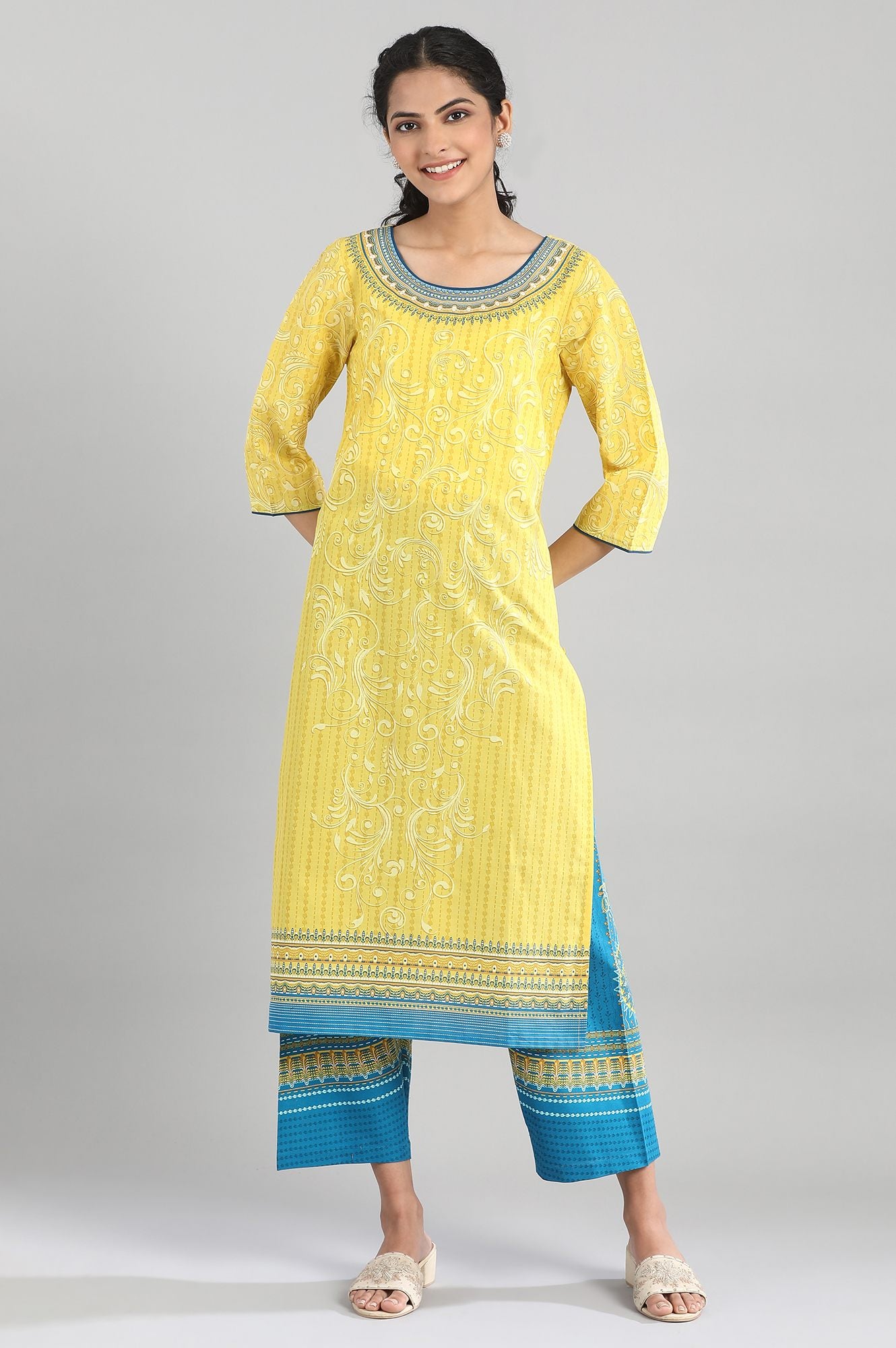 Yellow Cotton Printed kurta