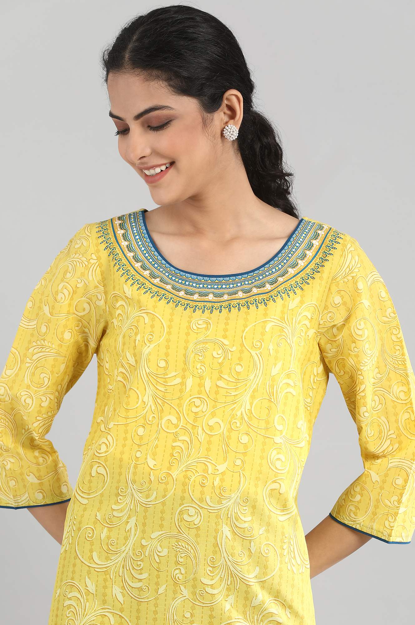 Yellow Cotton Printed kurta