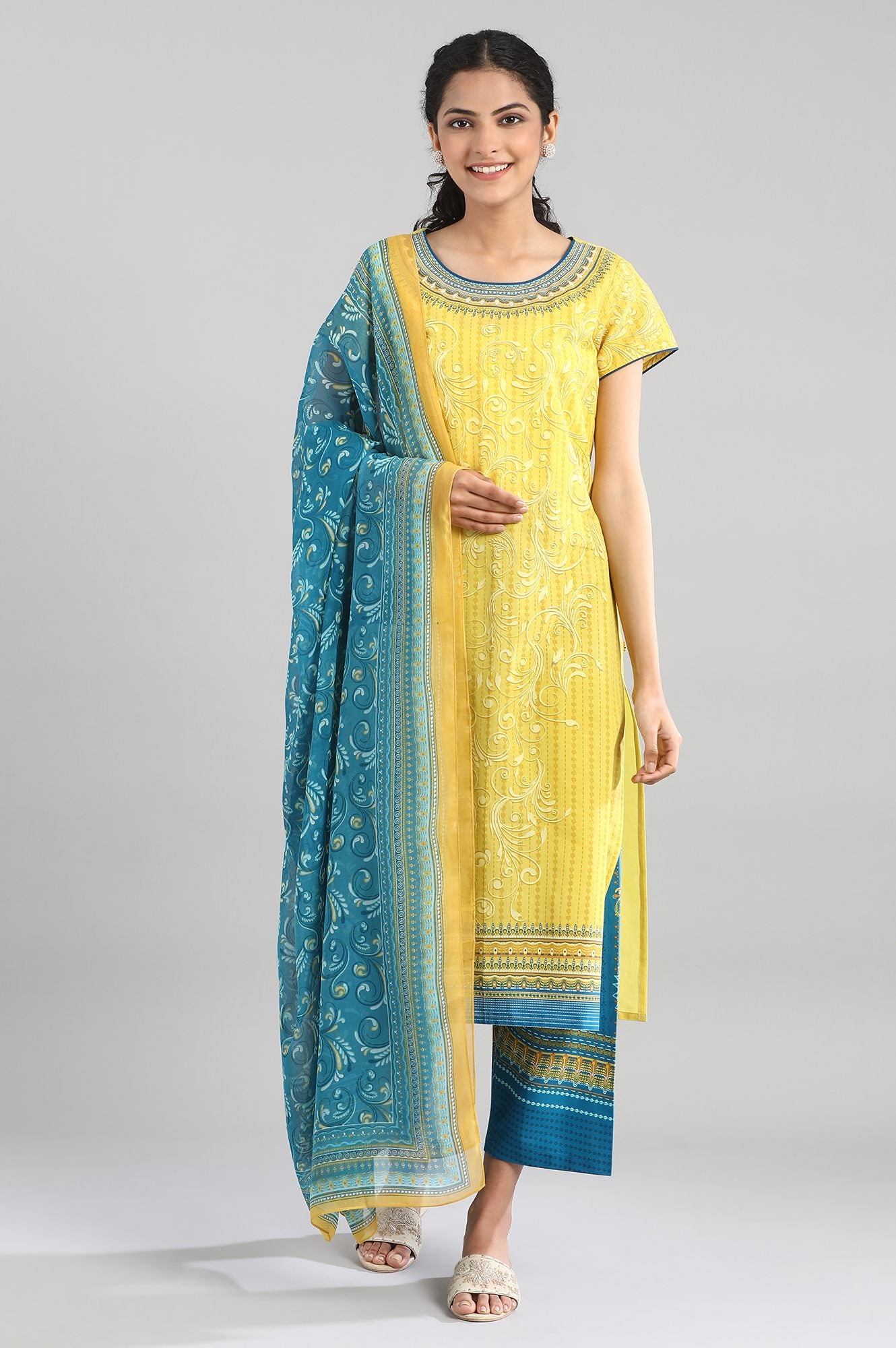 Yellow Cotton Printed kurta