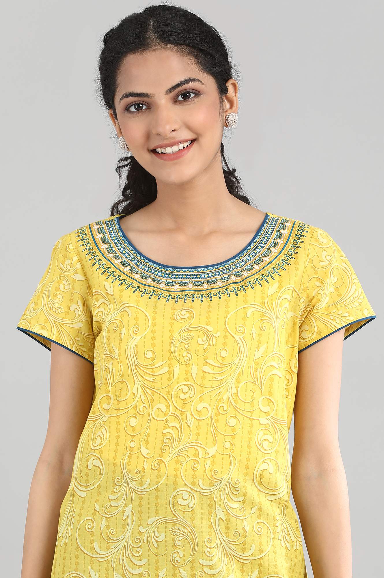 Yellow Cotton Printed kurta