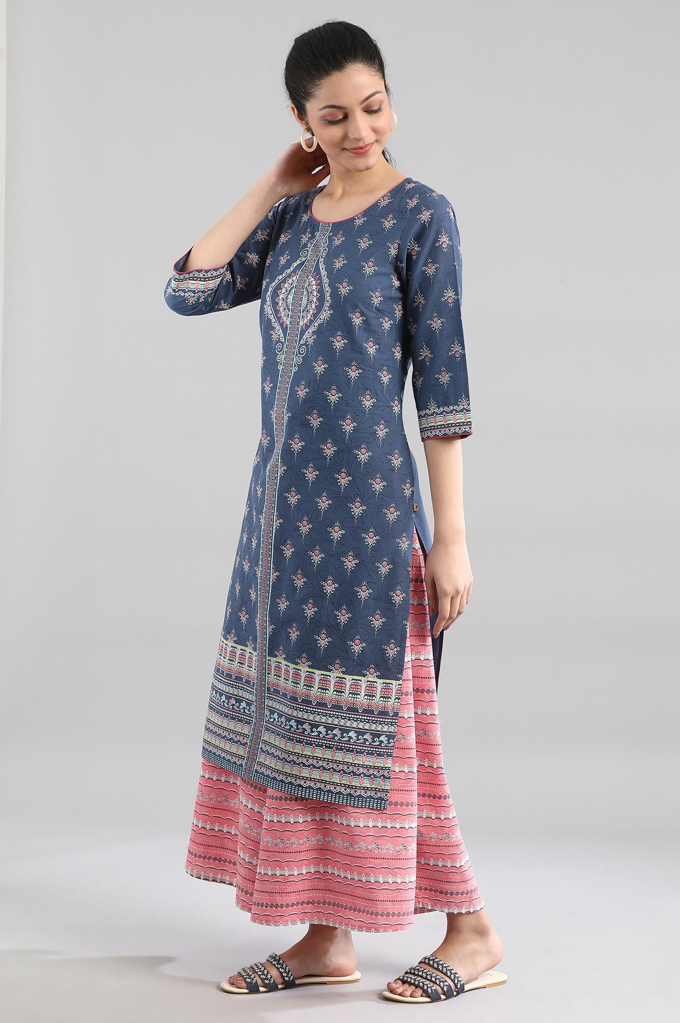 Blue Cotton Printed kurta