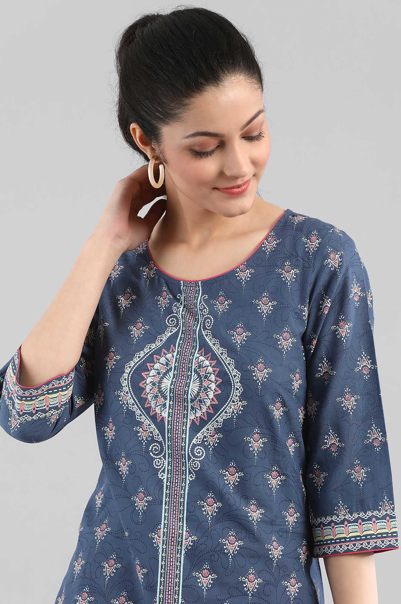 Blue Cotton Printed kurta