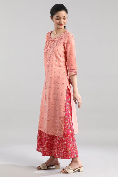 Peach Ethnic Floral Print kurta in Round neck