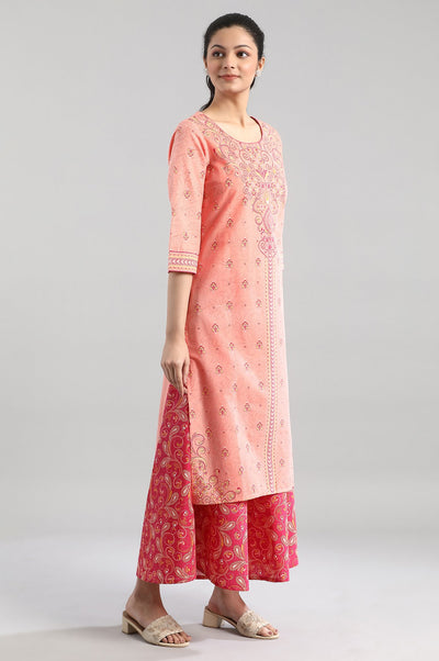Peach Ethnic Floral Print kurta in Round neck