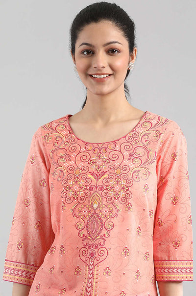 Peach Ethnic Floral Print kurta in Round neck