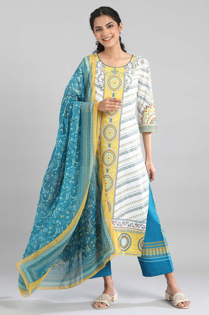 White kurta with blue and yellow prints