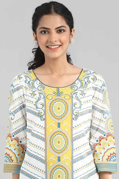 White kurta with blue and yellow prints