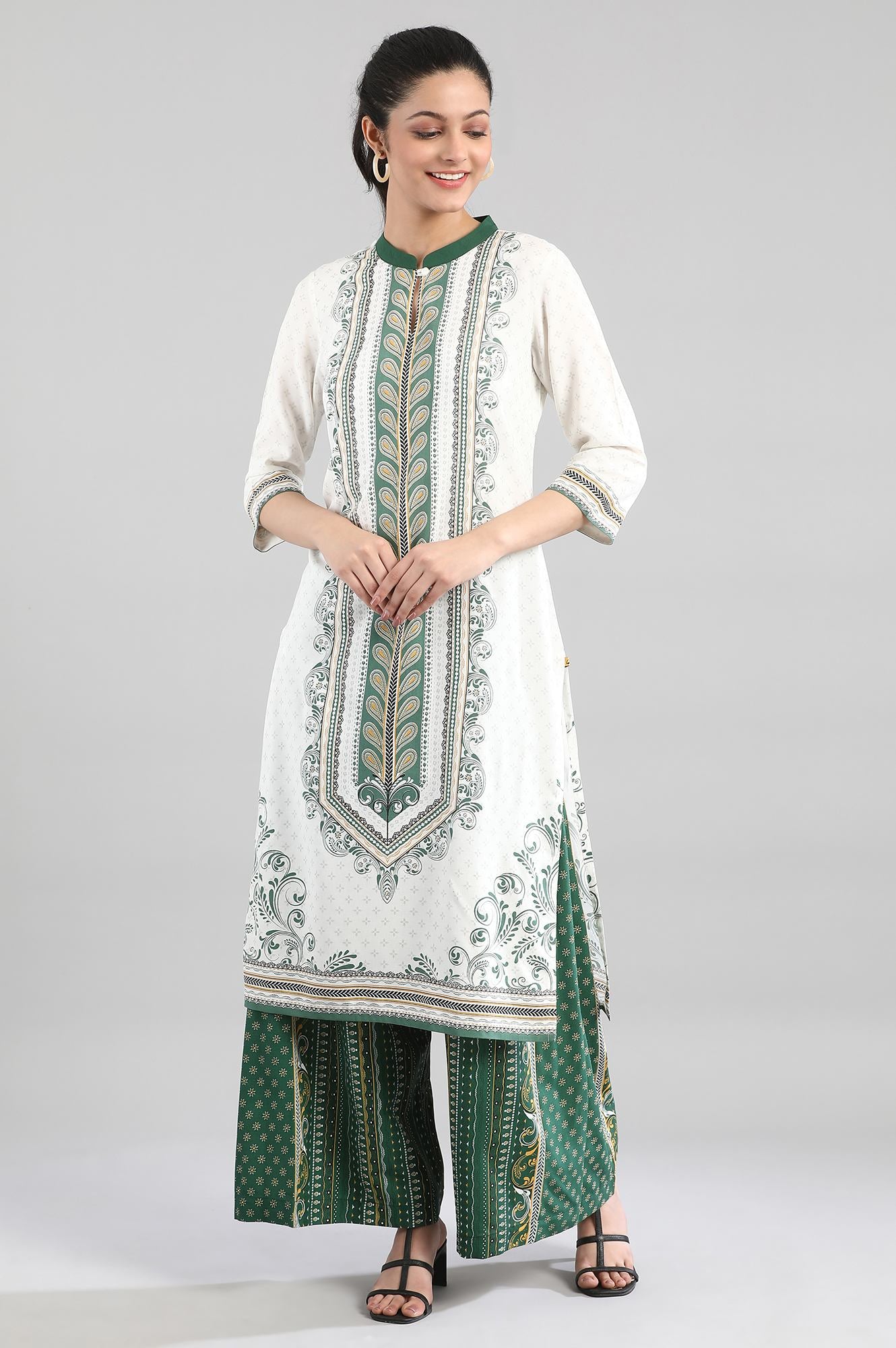 White kurta with Green Prints