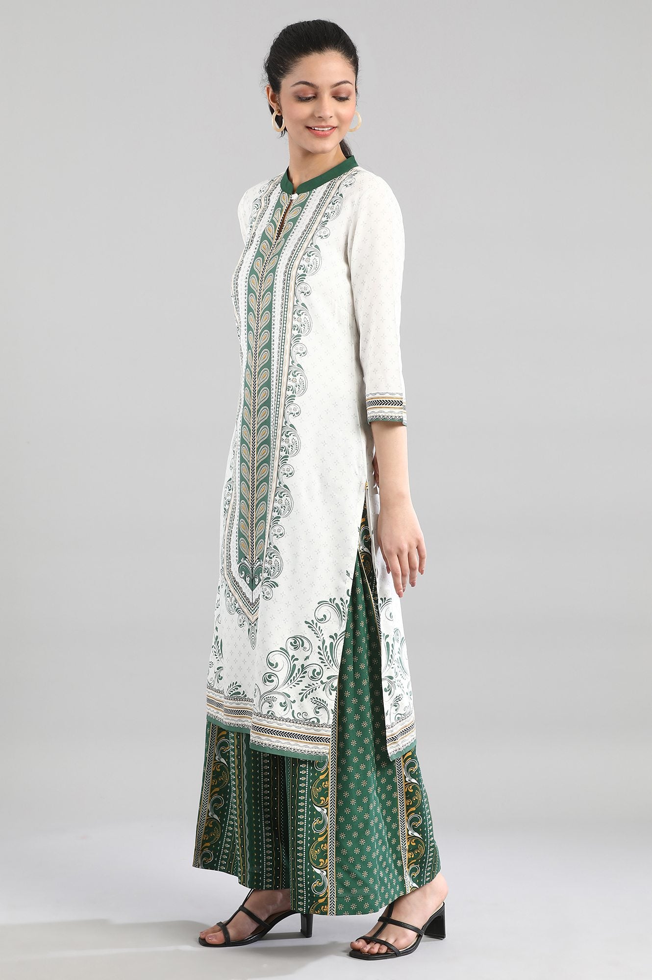 White kurta with Green Prints