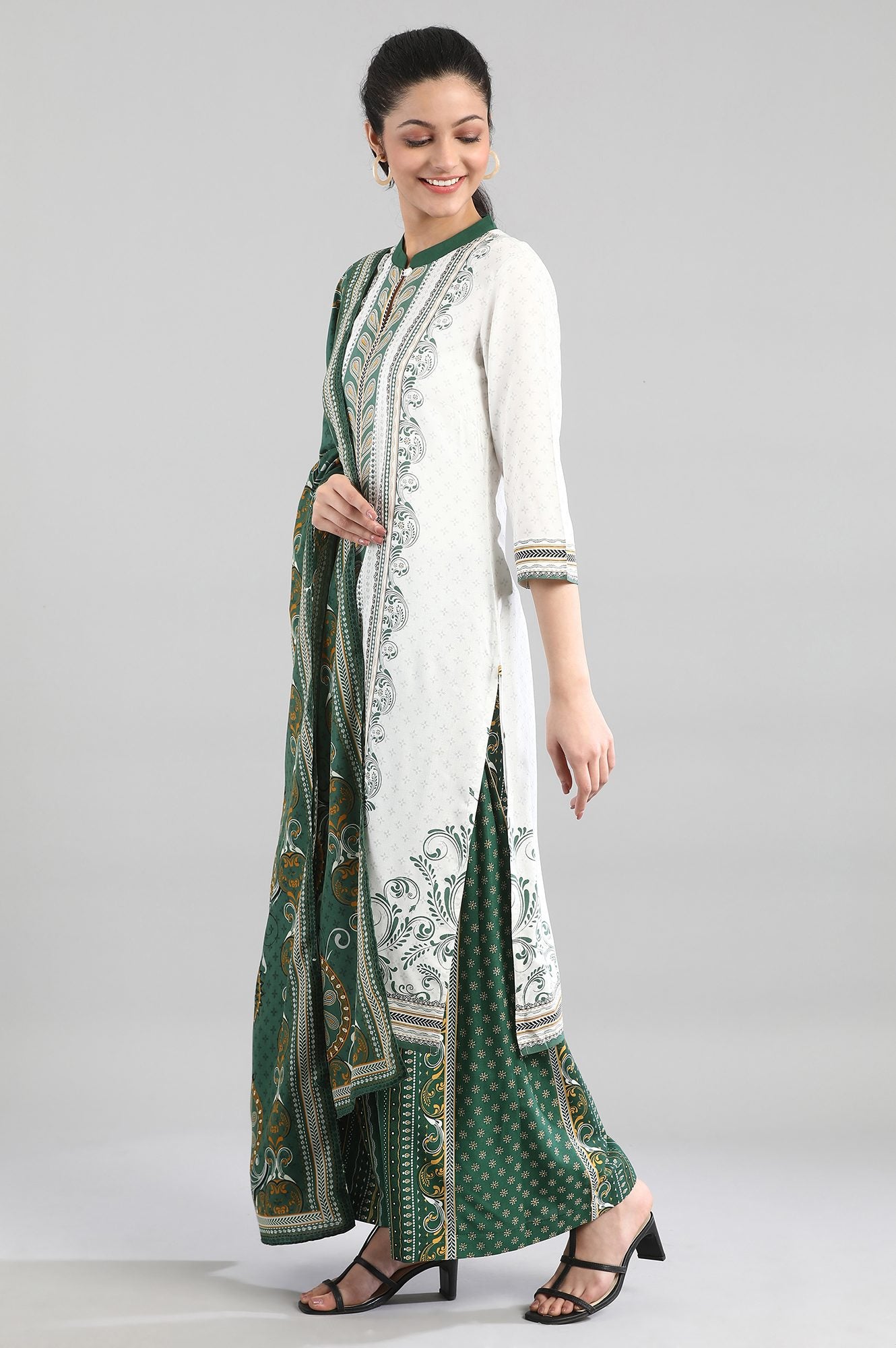 White kurta with Green Prints