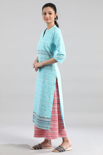 Blue Printed kurta in Band with V Collar