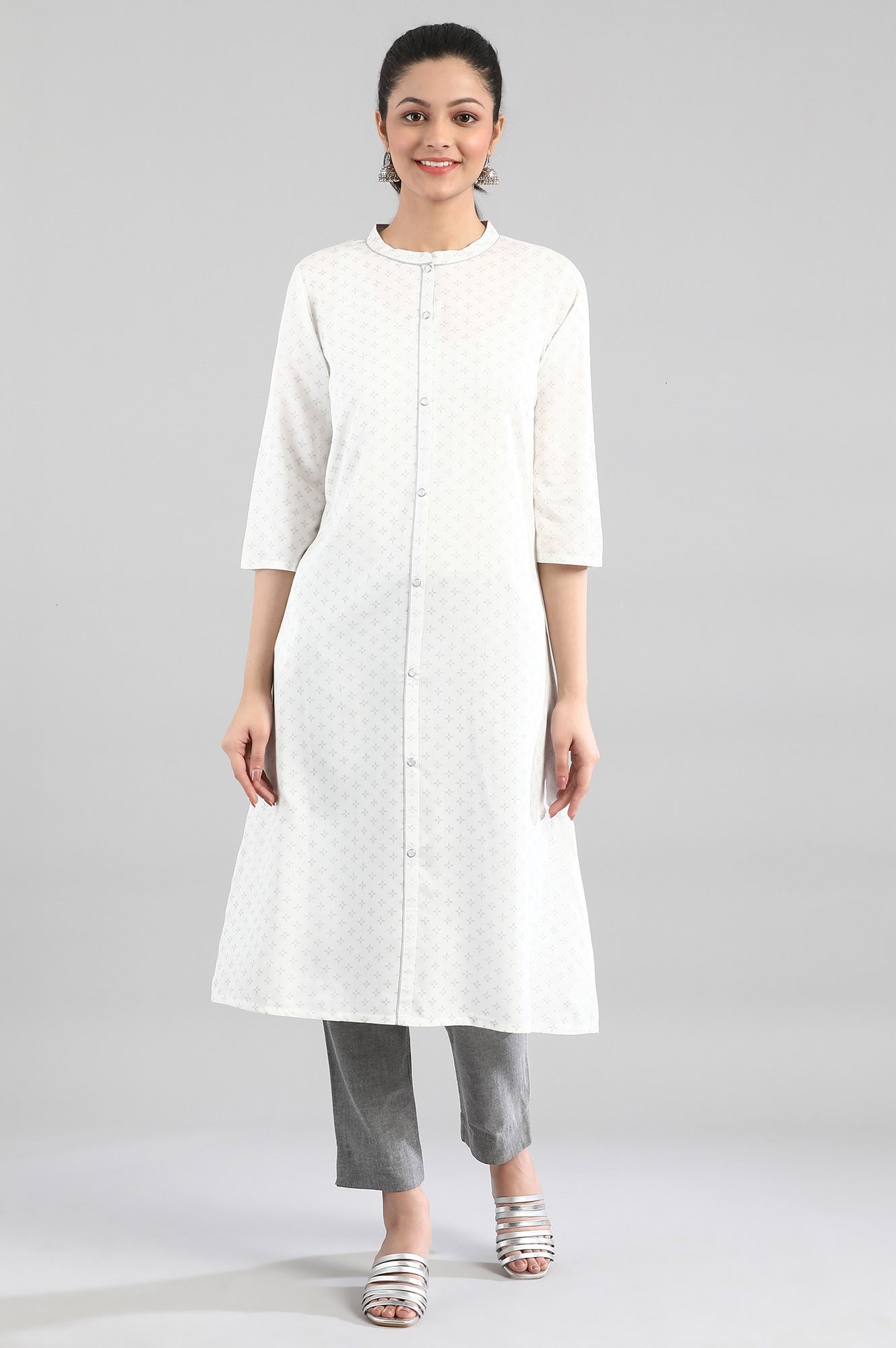 White Printed Button Placket kurta