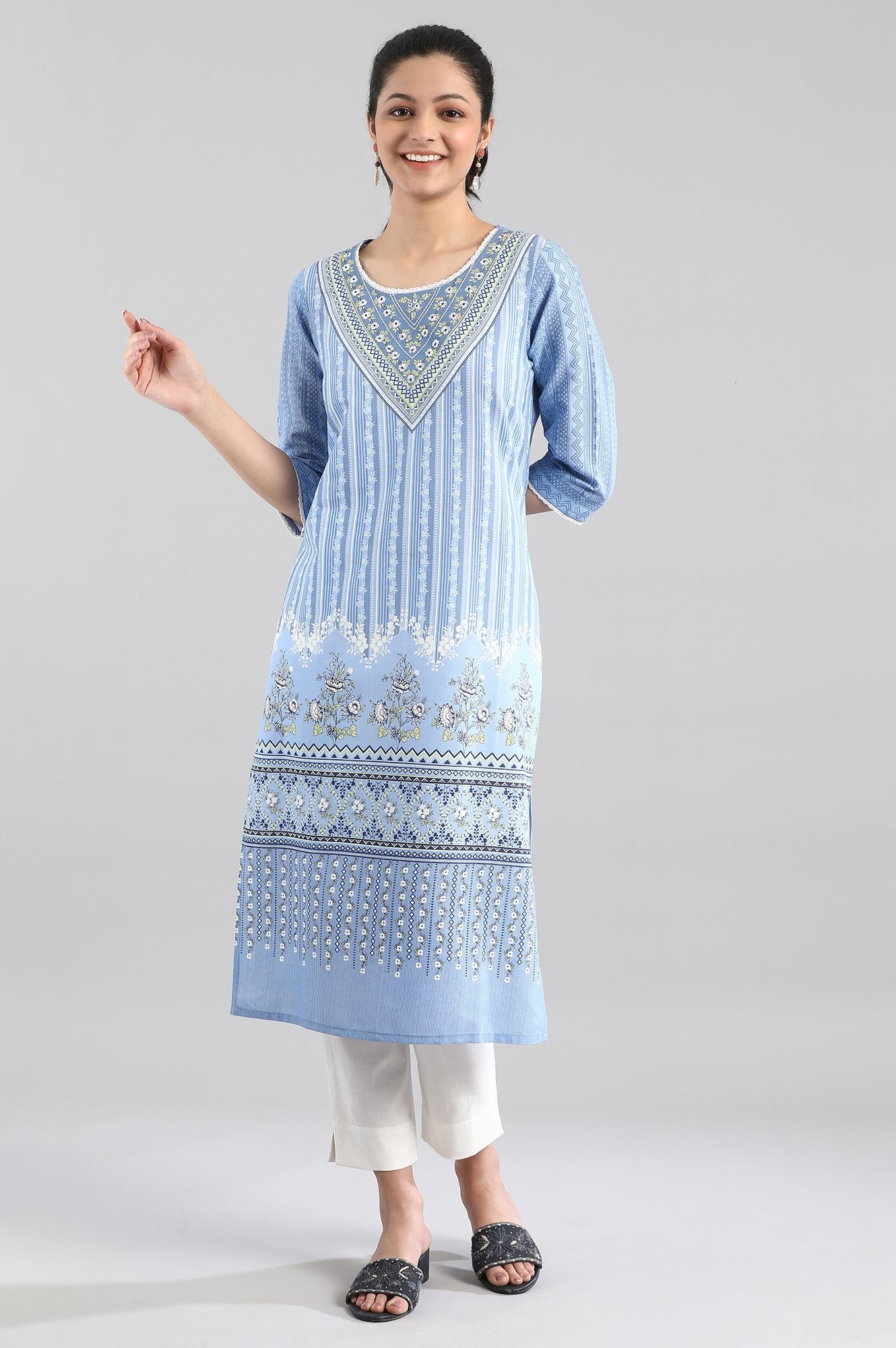 Blue Printed Round Neck kurta