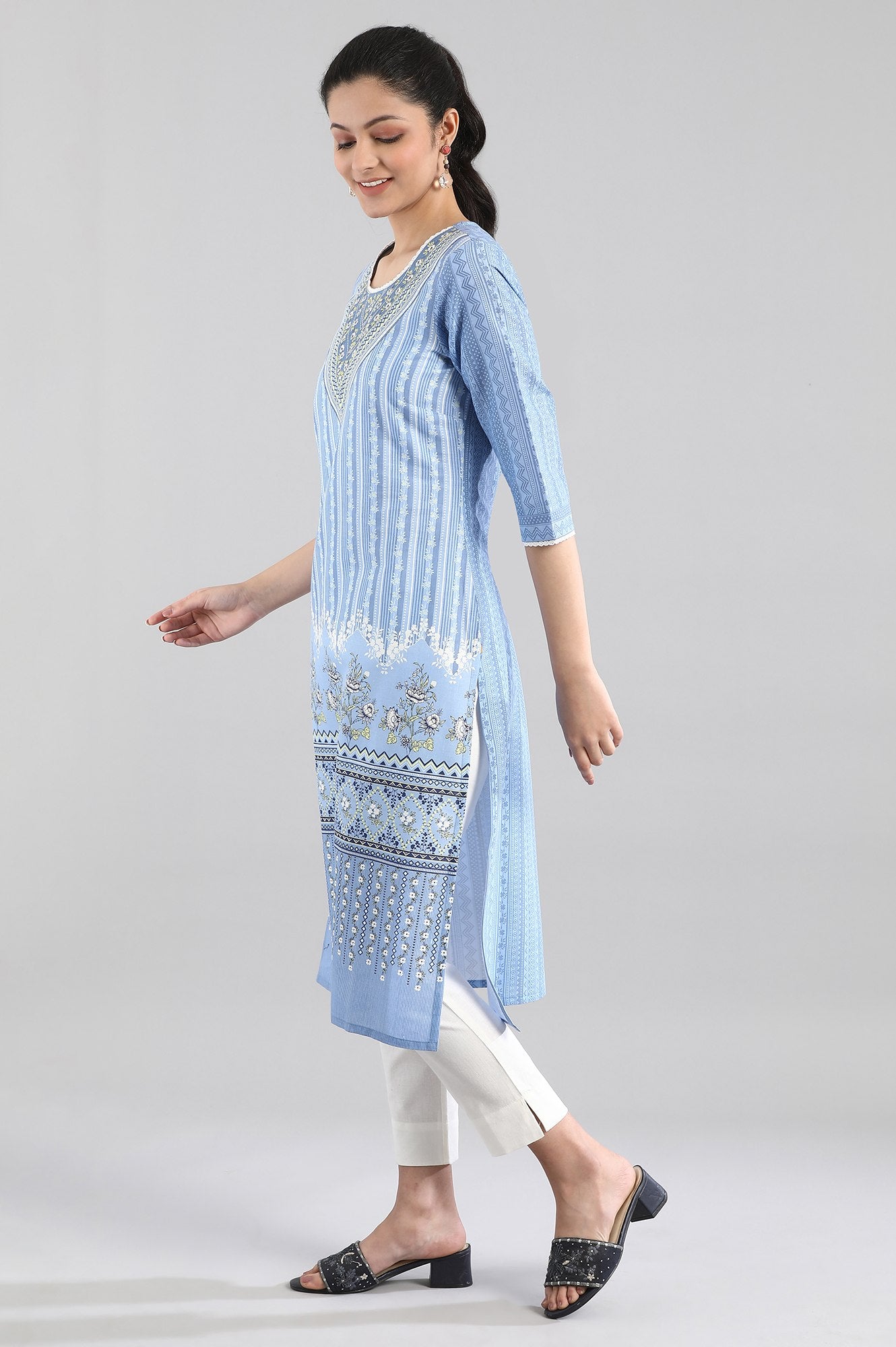 Blue Printed Round Neck kurta