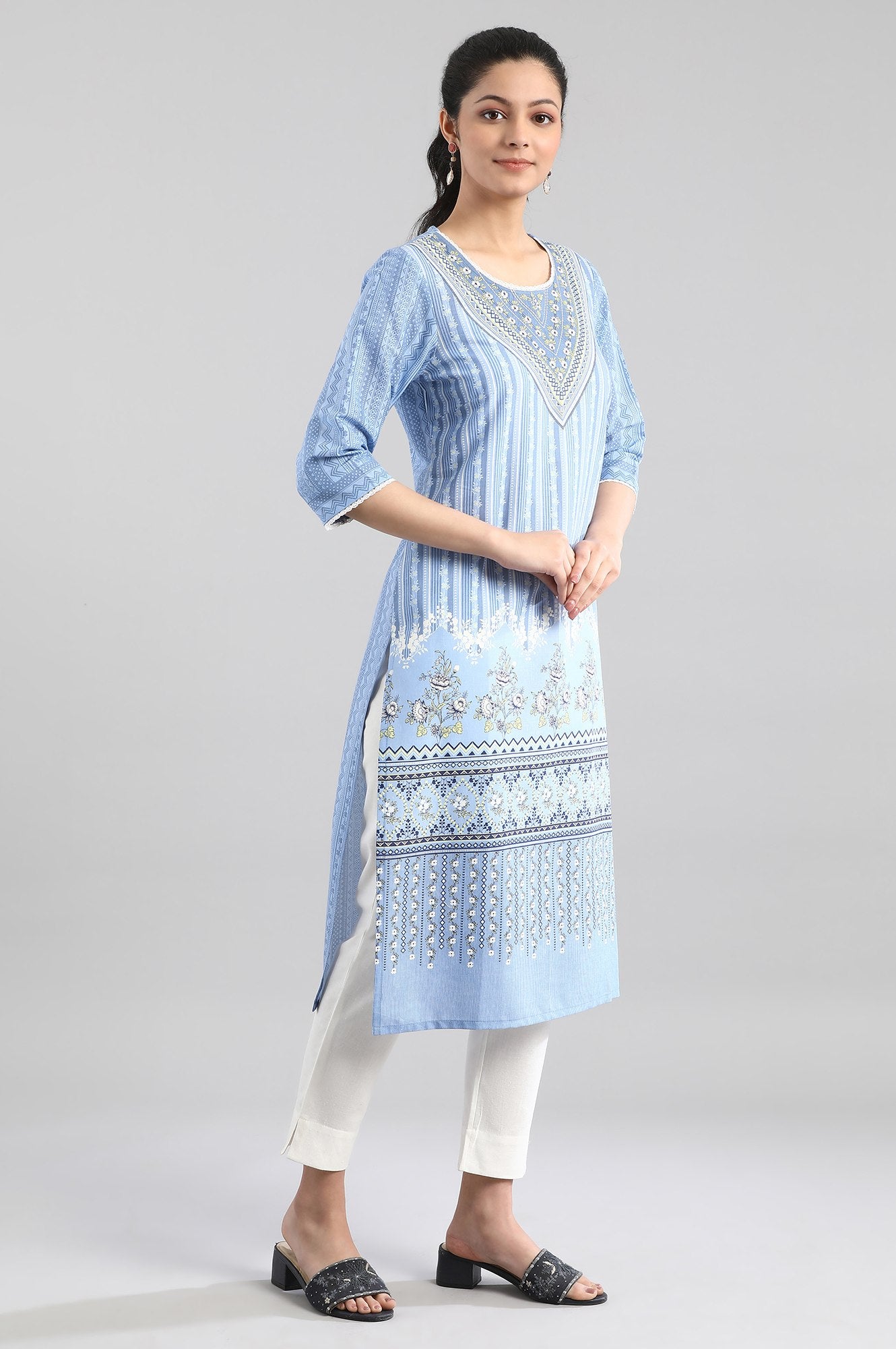 Blue Printed Round Neck kurta