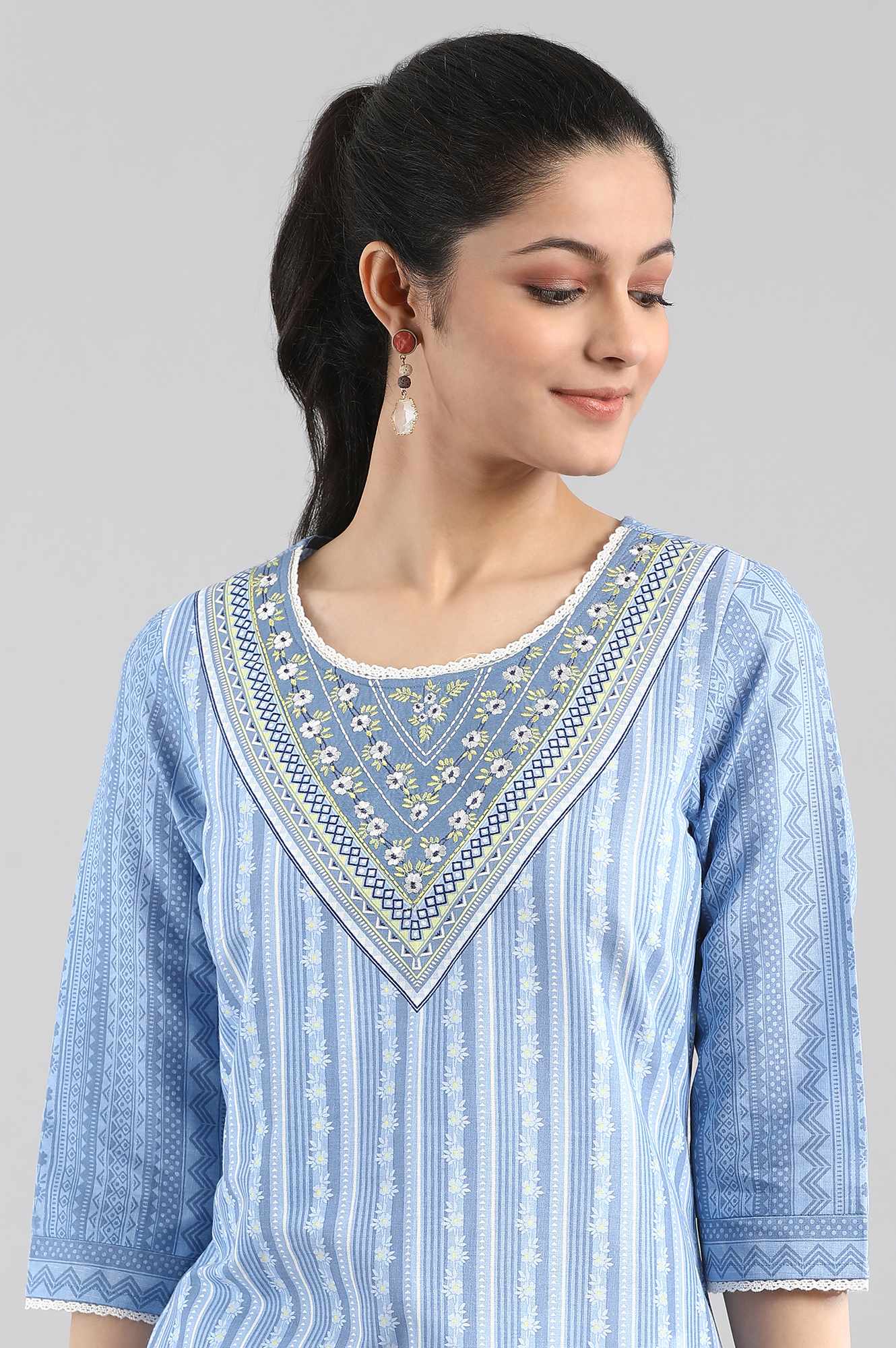 Blue Printed Round Neck kurta