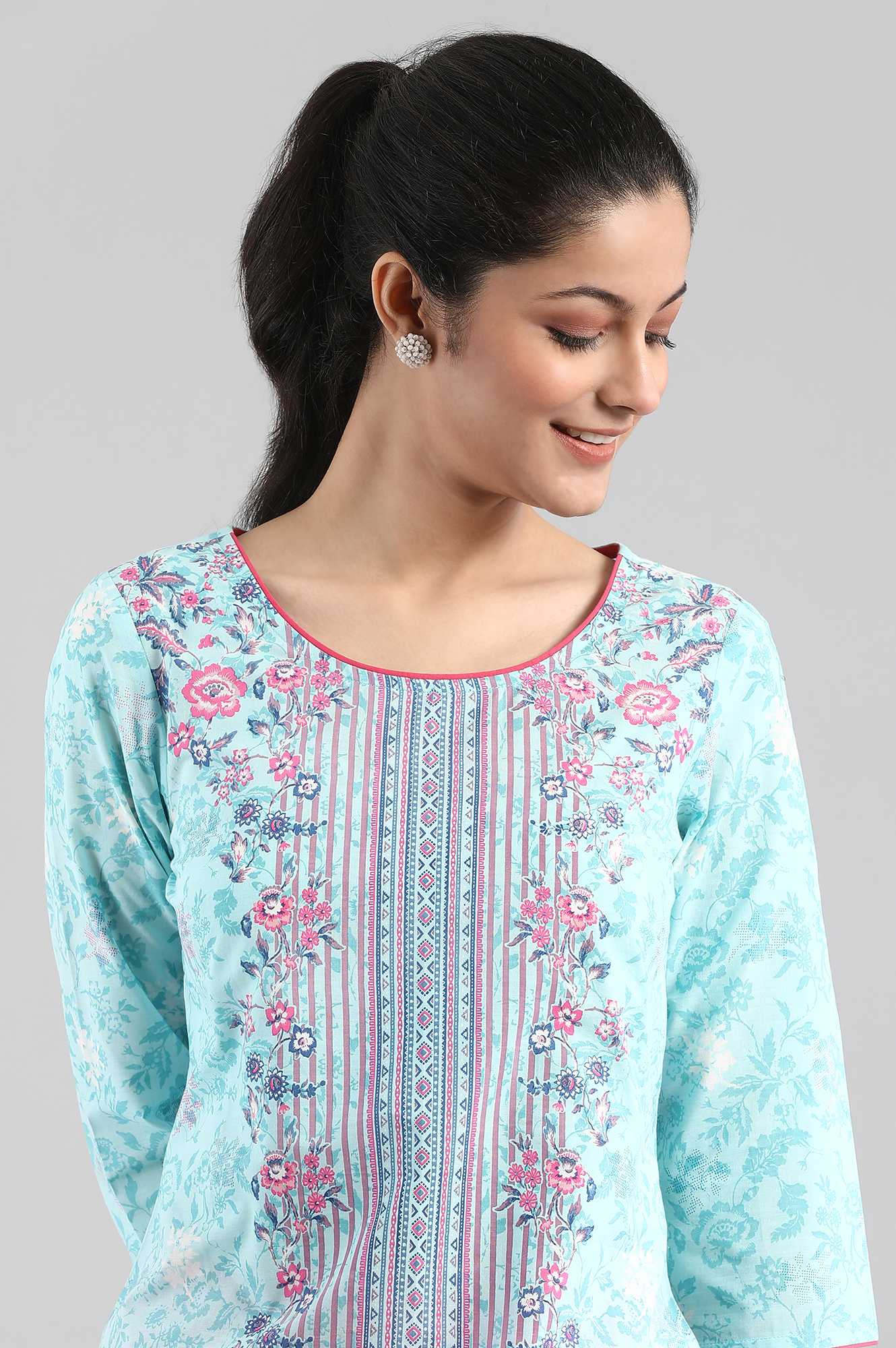 Sky Blue Printed Straight kurta