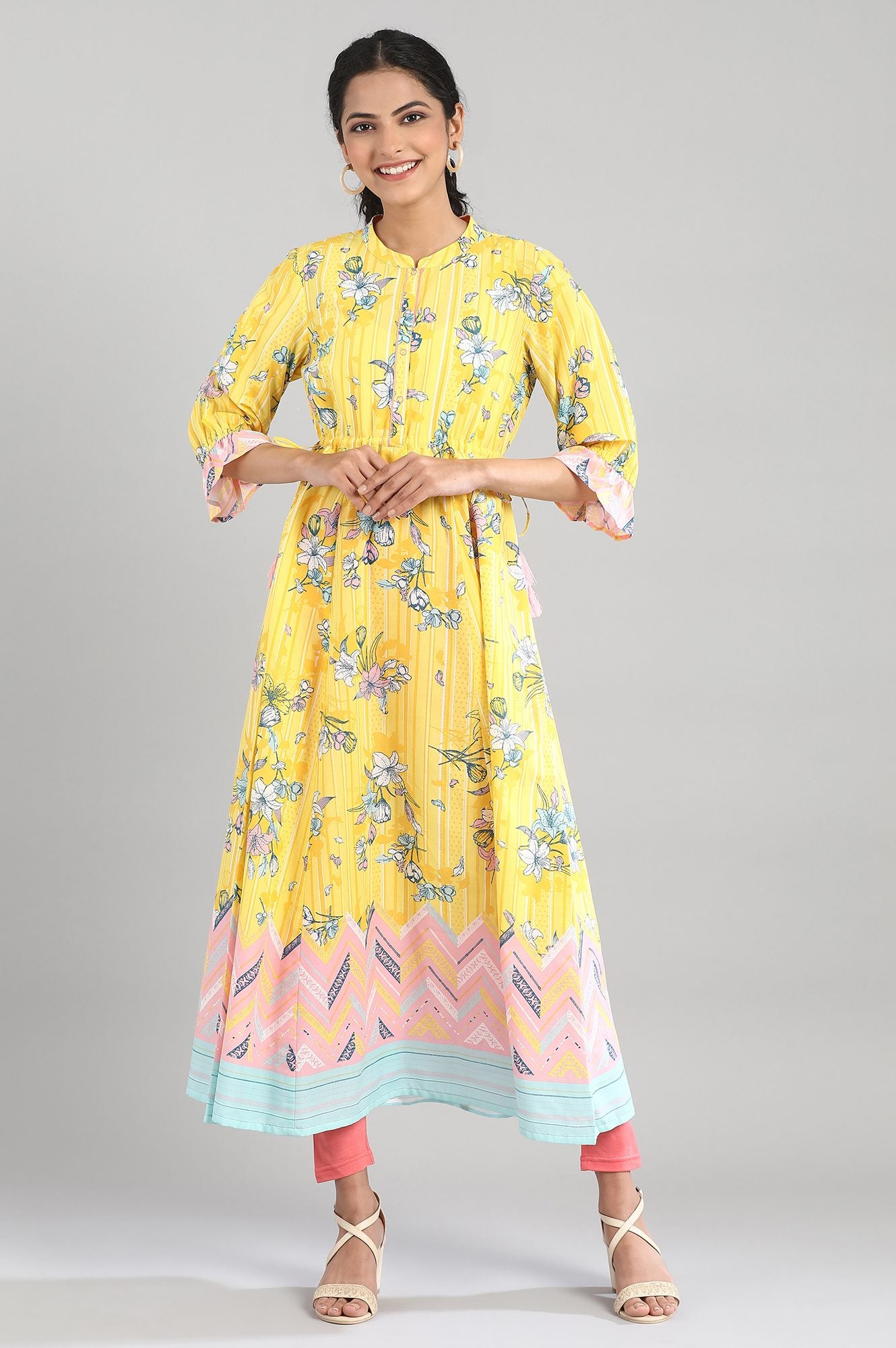 Yellow Printed A-line kurta