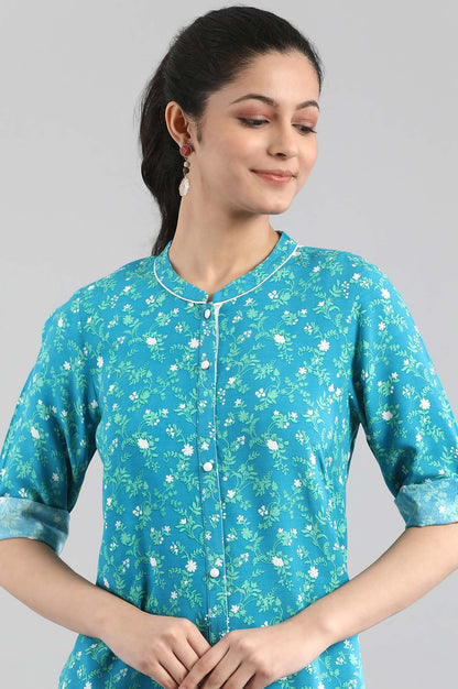 Blue Ethnic Floral Print kurta in Band Collar