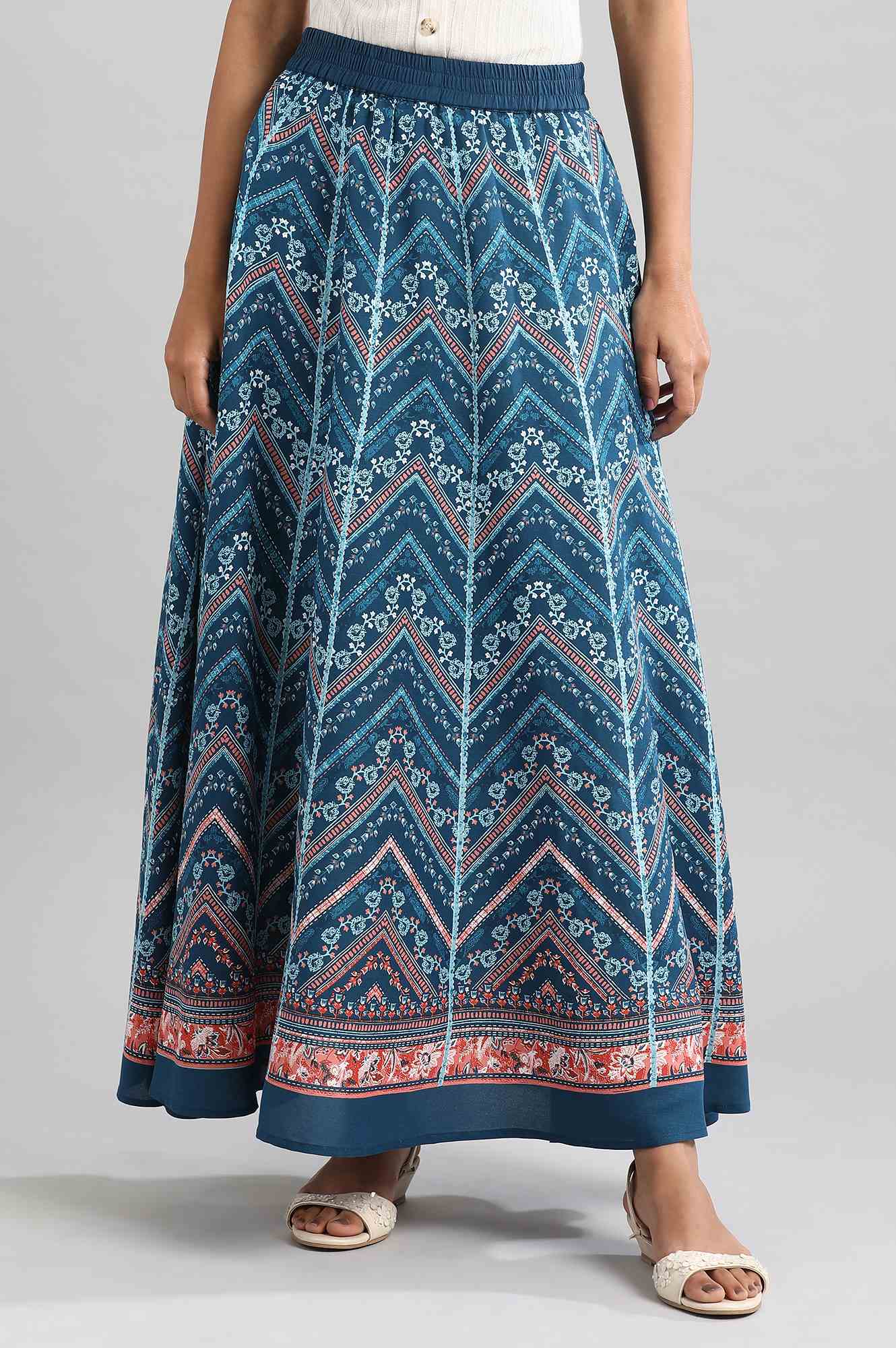 Blue Flared Printed Skirts