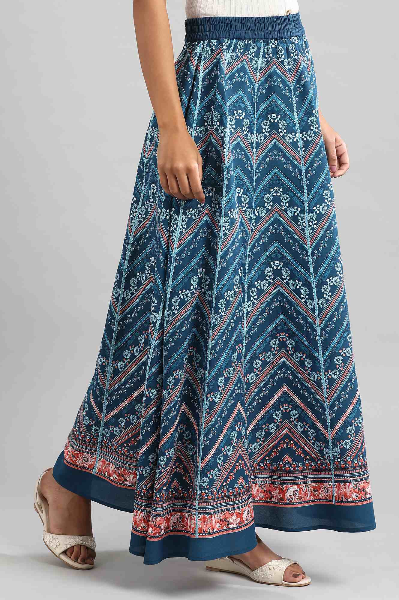 Blue Flared Printed Skirts