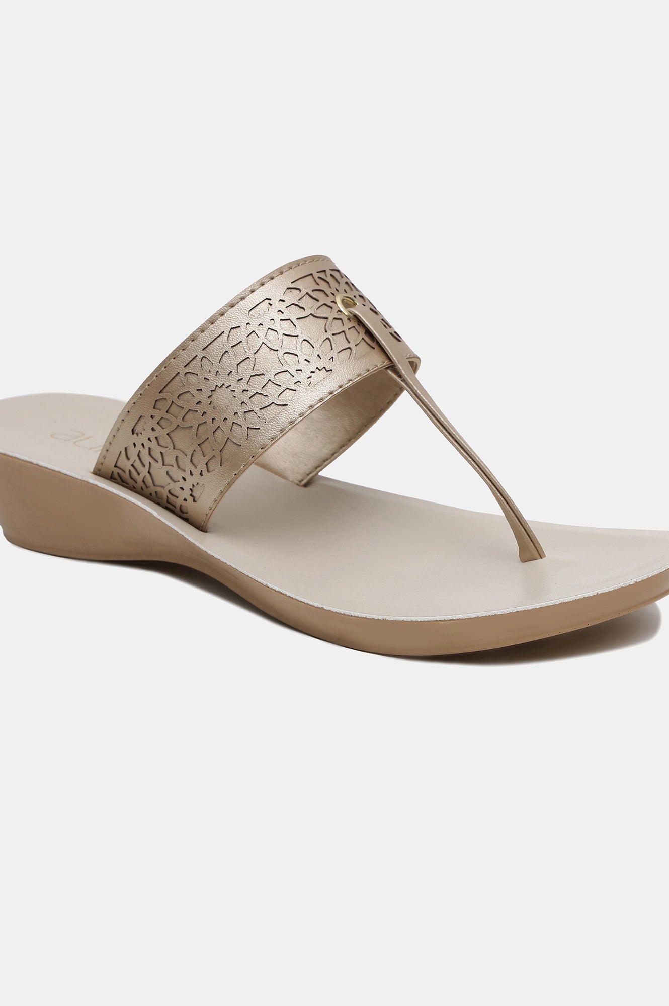 Gold Almond Toe Laser Cut Wedge-ZCYNTHIA