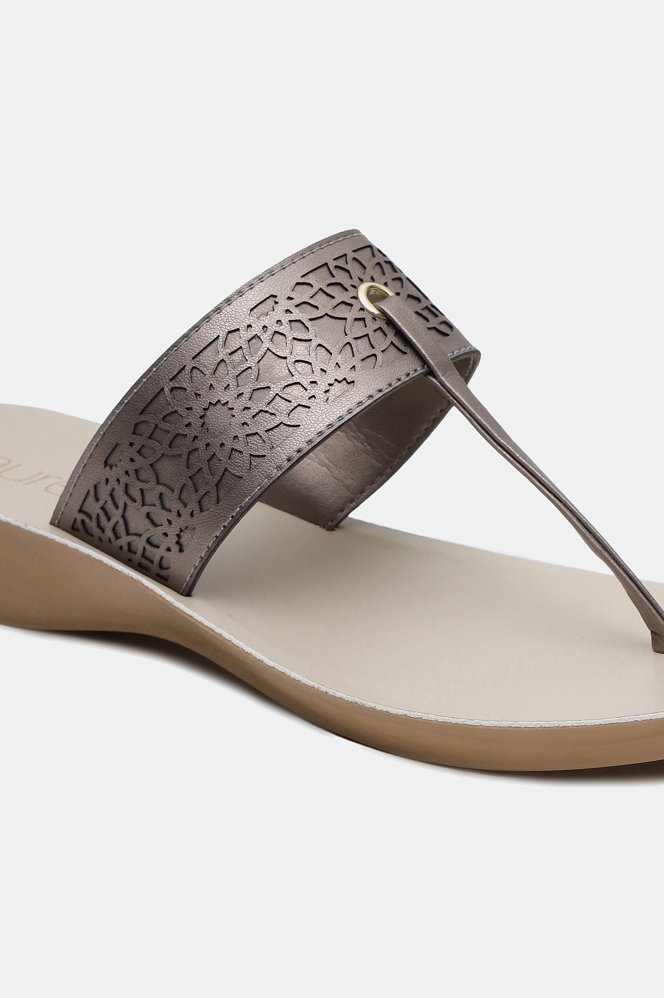 Aurelia Gunmetal Laser Cut Almond Toe Wedge-Zcynthia