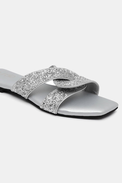 Silver Square Toe Textured Flat-Zmae