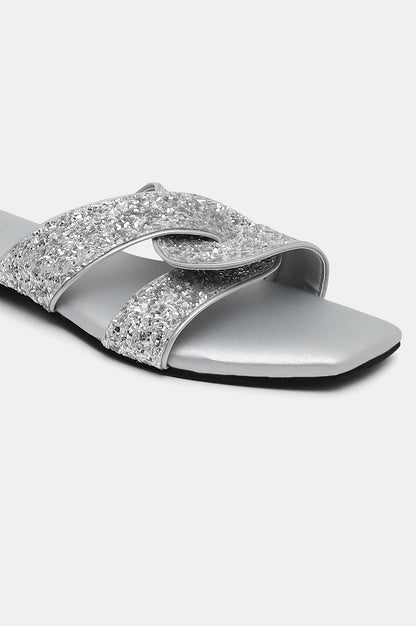 Silver Square Toe Textured Flat-Zmae