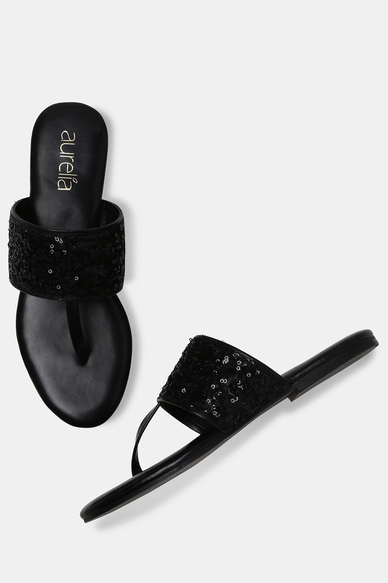 Aurelia Black Embroidered Round Toe Flat-Zrory