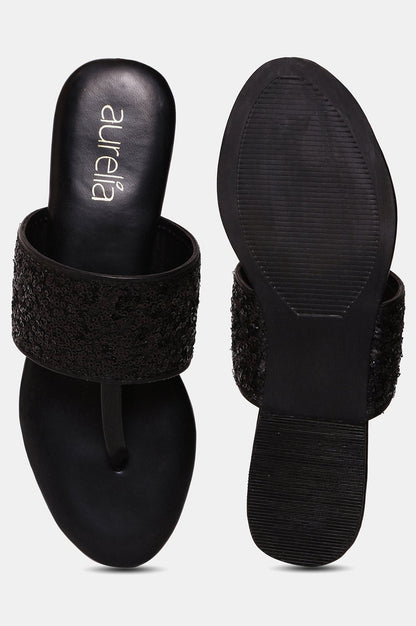 Aurelia Black Embroidered Round Toe Flat-Zrory